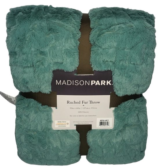 Madison Park AQUA Ultra Soft Ruched Faux Fur Throw Blanket 50X60" - Picture 1 of 9